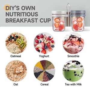 Overnight Oats Containers with Lid and Spoon Set of 2, Overnight Oats Jars 12 oz Large Capacity Airtight Oatmeal Container with Measurement Marks, Reusable On The Go Cups for Cereal Yogurt, Milk, Salads, Fruit (Grey)