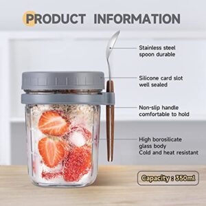 Overnight Oats Containers with Lid and Spoon Set of 2, Overnight Oats Jars 12 oz Large Capacity Airtight Oatmeal Container with Measurement Marks, Reusable On The Go Cups for Cereal Yogurt, Milk, Salads, Fruit (Grey)