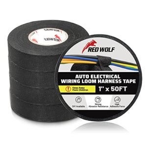 red wolf wire harness tape 1 inch 50 ft high temp wiring loom harness self-adhesive felt cloth electrical tape for automotive engine electrical no residue fabric insulated black 5 rolls