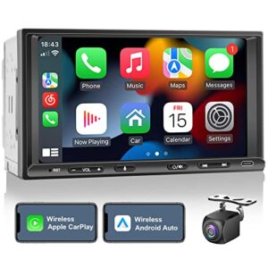 double din car stereo radio wireless carplay & wireless android auto, 7inch touch screen car audio receiver with bluetooth,live rearview camera,am/fm, gps navigation,mirror link,subwoofer,usb/aux/swc