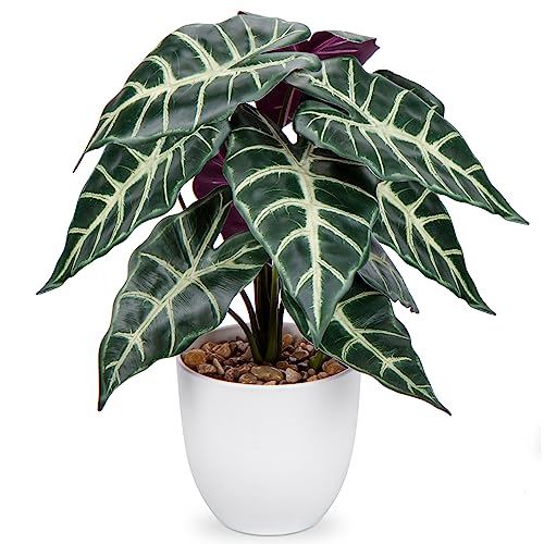 Briful Fake Plant 15" Realistic Potted Artificial Plant, Alocasia Amazonica Polly Faux Plant, Large Leaves Fake Houseplant Tropical Plant for Home Indoor Bathroom Living Room Wedding Decor