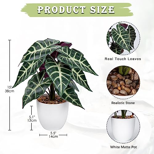 Briful Fake Plant 15" Realistic Potted Artificial Plant, Alocasia Amazonica Polly Faux Plant, Large Leaves Fake Houseplant Tropical Plant for Home Indoor Bathroom Living Room Wedding Decor