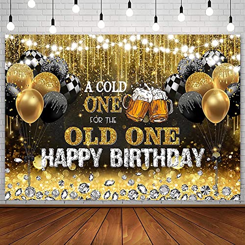 AIBIIN 7x5ft Happy Birthday Backdrop for Men A Cold One for The Old One Black and Gold Glitter Balloon Photography Background 30th 40th 50th Bday Beer Party Decoration Banner Photo Shoot Studio Props