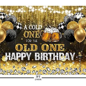 AIBIIN 7x5ft Happy Birthday Backdrop for Men A Cold One for The Old One Black and Gold Glitter Balloon Photography Background 30th 40th 50th Bday Beer Party Decoration Banner Photo Shoot Studio Props