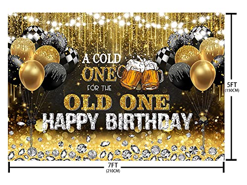 AIBIIN 7x5ft Happy Birthday Backdrop for Men A Cold One for The Old One Black and Gold Glitter Balloon Photography Background 30th 40th 50th Bday Beer Party Decoration Banner Photo Shoot Studio Props