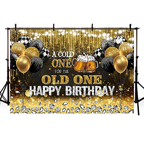 AIBIIN 7x5ft Happy Birthday Backdrop for Men A Cold One for The Old One Black and Gold Glitter Balloon Photography Background 30th 40th 50th Bday Beer Party Decoration Banner Photo Shoot Studio Props