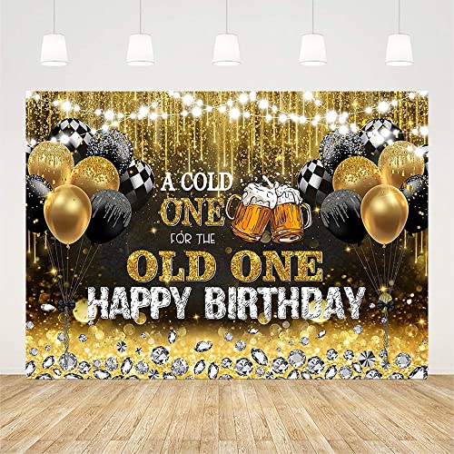 AIBIIN 7x5ft Happy Birthday Backdrop for Men A Cold One for The Old One Black and Gold Glitter Balloon Photography Background 30th 40th 50th Bday Beer Party Decoration Banner Photo Shoot Studio Props
