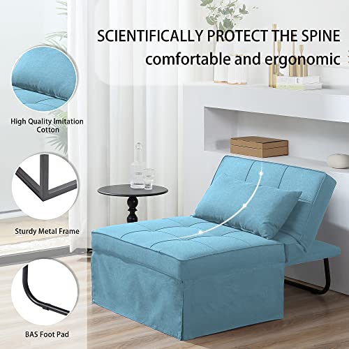 Sofa Bed,4 in 1 Multi Function Folding Ottoman Sleeper Bed,Modern Convertible Chair Adjustable Backrest Sleeper Couch Bed for Living Room Small Room Apartment,Light Blue