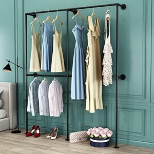 DR.IRON Industrial Pipe Clothing Racks with Double Bar, Industrial Black Clothes Racks Wall Mounted, Heavy Duty Closet Rods for Hanging Clothes Organizer Storage