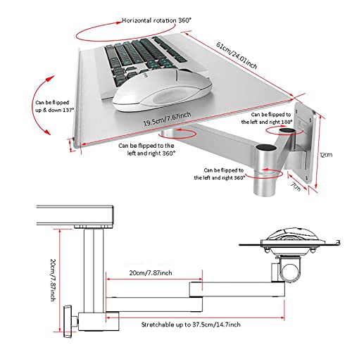 QQXX Wall Keyboard Arm Tray,24 Inch Silver Keyboard Tray Mount Tray,Adjustable Ergonomic Keyboard Platform,Wall Mounted Sit-Stand Wall Keyboard Arm,Office Furniture Accessories