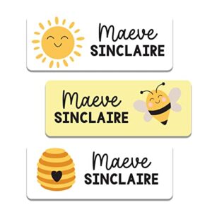 custom personalized waterproof dishwasher safe name labels for kids and babies in daycare, school, camp, stickers for baby bottles, lunch boxes and school supplies. cute bee, sun design name stickers