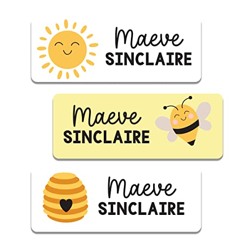 Custom Personalized Waterproof Dishwasher Safe Name Labels for kids and babies in Daycare, school, camp, stickers for Baby Bottles, Lunch Boxes and School Supplies. Cute Bee, Sun Design Name Stickers