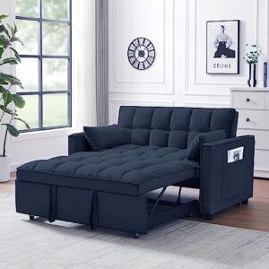 velvet pull out sleeper sofa bed, convertible futon couch bed with adjustable backrests, 3 in 1 modern loveseat with 2 pockets and pillows, small love seat for living room, guest room, navy black