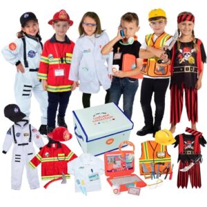 born toys 6-in-1 kids' dress up & pretend play - kids costumes for boys & girls ages 3-7 washable toddler dress up clothes w/storage box