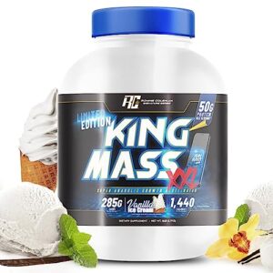 ronnie coleman signature series king mass xxl mass gainer protein powder, muscle gainer, 50g protein, 285g carbohydrates, 1,400+ calories, creatine and glutamine, 6lb (vanilla (6 pound))