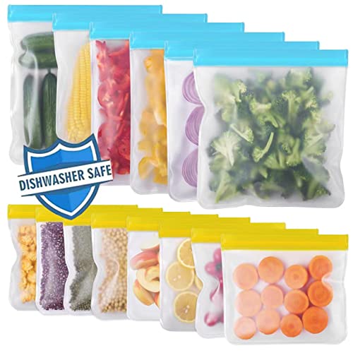 LFHHT Reusable Ziplock Bags Silicone Dishwasher Safe, 14 Pack Reusable Gallon Freezer Bags, Extra Thick Leakproof Reusable Food Storage Sandwich Bags for Meats, Fruits, Travel Items, Home Organization-6 Gallon+8 Sandwich