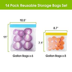 LFHHT Reusable Ziplock Bags Silicone Dishwasher Safe, 14 Pack Reusable Gallon Freezer Bags, Extra Thick Leakproof Reusable Food Storage Sandwich Bags for Meats, Fruits, Travel Items, Home Organization-6 Gallon+8 Sandwich