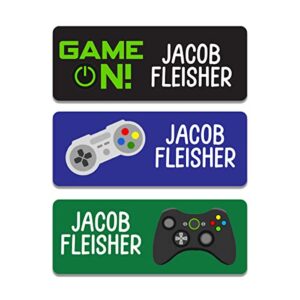 boy name labels (30 count) for daycare, school supplies and camp. waterproof dishwasher safe personalized stickers for kids in vide gamer theme