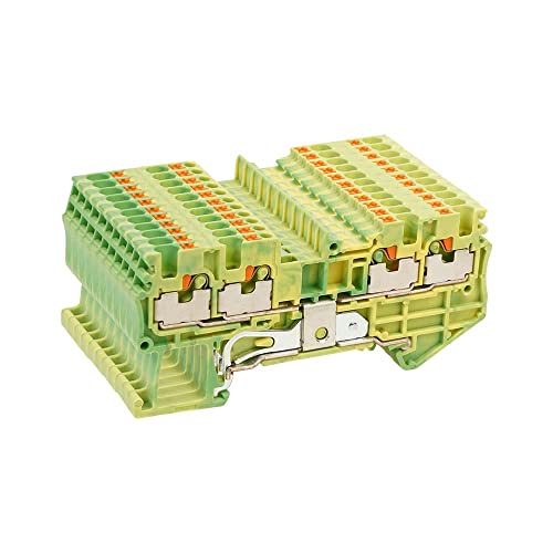 Dinkle Din Rail Ground Terminal Blocks 10pcs DP1.5-TR-PE, 300V, 26-14AWG, 4 Connection, Push-in Connector, Green Yellow, Single Level, Push-in Terminal Block, Grounding Terminal Block, Rail mounting