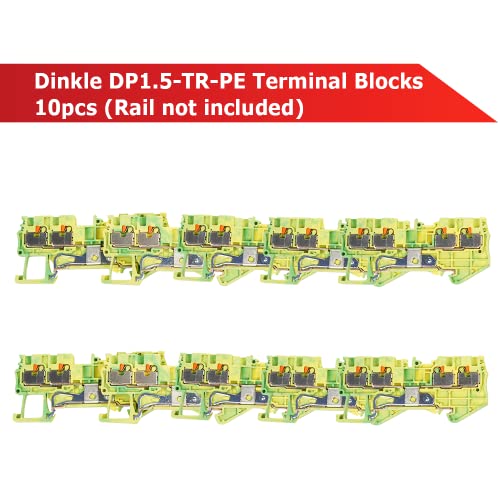 Dinkle Din Rail Ground Terminal Blocks 10pcs DP1.5-TR-PE, 300V, 26-14AWG, 4 Connection, Push-in Connector, Green Yellow, Single Level, Push-in Terminal Block, Grounding Terminal Block, Rail mounting