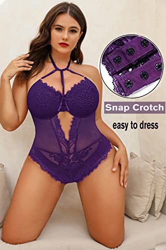 Avidlove Plus Size Lingerie for Women Purple Teddy Lingerie Lace Bodysuit Babydoll