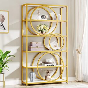 tribesigns 5-tier bookshelf, 71" h gold book shelf large bookcases and bookshelves with chic circular design, tall open display shelf storage rack for home office living room, bedroom, white&gold