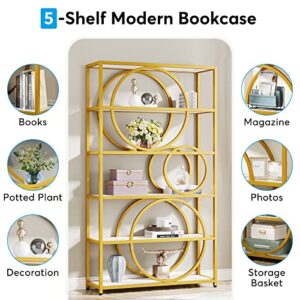 Tribesigns 5-Tier Bookshelf, 71" H Gold Book Shelf Large Bookcases and Bookshelves with Chic Circular Design, Tall Open Display Shelf Storage Rack for Home Office Living Room, Bedroom, White&Gold