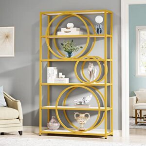 Tribesigns 5-Tier Bookshelf, 71" H Gold Book Shelf Large Bookcases and Bookshelves with Chic Circular Design, Tall Open Display Shelf Storage Rack for Home Office Living Room, Bedroom, White&Gold