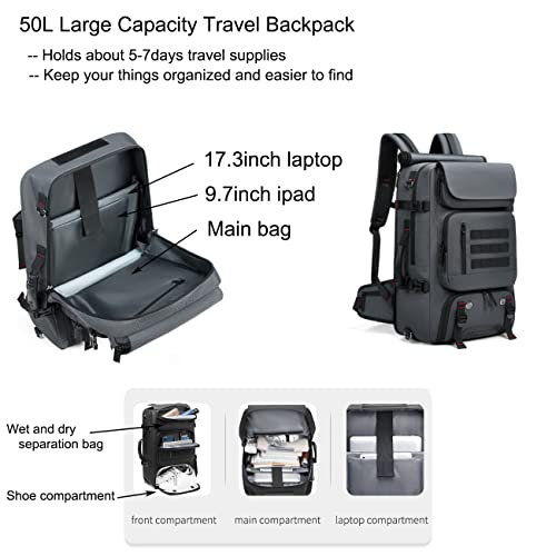 DBNAU Travel Backpack, Carry on Backpack for Men with Shoe Compartment and USB Charging Port, 17inch Laptop Backpack, 50L Airline Approved Convertible Waterproof Durable Luggage Bag