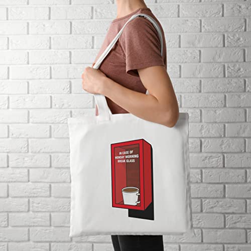 BREAK GLASS EMERGENCY COFFEE AESTHETIC DESIGN, Reusable Tote Bag, Lightweight Grocery Shopping Cloth Bag, 13” x 14” with 20” Handles