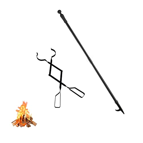 32Inch Anti-Rust Solid Fire Poker and 25Inch Foldable Fire Tongs for Fire Pit, Heavy Duty Material, Campfire Poker and Tong Set for Fireplace, Camping, Wood Stove, Outdoor and Indoor Use