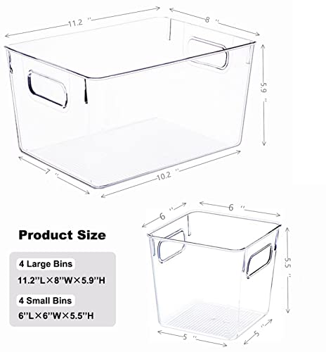 SKTEET 8 Pack Clear Plastic Storage Bins, 4 Large and 4 Small Refrigerator Organizer Bins with Handles, Pantry Organization and Storage for Kitchen,Fridge, Freezer,Home Edit and Cabinet