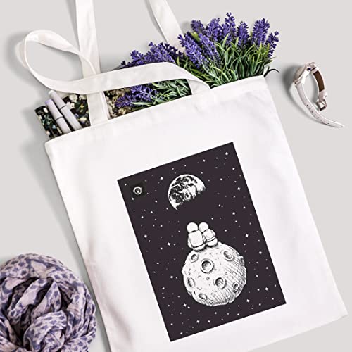 DATING ASTRONAUT DESIGN, Reusable Tote Bag, Lightweight Grocery Shopping Cloth Bag, 13” x 14” with 20” Handles