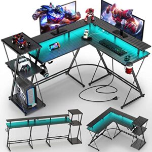 seven warrior l shaped gaming desk with led lights & power outlets, 50” reversible computer desk with storage shelf & monitor stand, corner desk with cup holder, with headphone hook, black