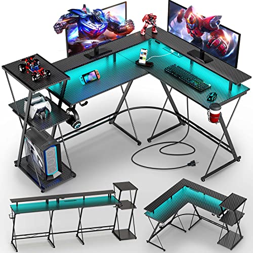 SEVEN WARRIOR L Shaped Gaming Desk with LED Lights & Power Outlets, 50” Reversible Computer Desk with Storage Shelf & Monitor Stand, Corner Desk with Cup Holder, with Headphone Hook, Black