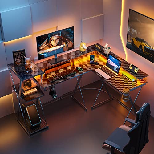 SEVEN WARRIOR L Shaped Gaming Desk with LED Lights & Power Outlets, 50” Reversible Computer Desk with Storage Shelf & Monitor Stand, Corner Desk with Cup Holder, with Headphone Hook, Black