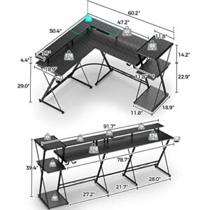 SEVEN WARRIOR L Shaped Gaming Desk with LED Lights & Power Outlets, 50” Reversible Computer Desk with Storage Shelf & Monitor Stand, Corner Desk with Cup Holder, with Headphone Hook, Black