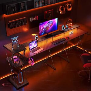 SEVEN WARRIOR L Shaped Gaming Desk with LED Lights & Power Outlets, 50” Reversible Computer Desk with Storage Shelf & Monitor Stand, Corner Desk with Cup Holder, with Headphone Hook, Black