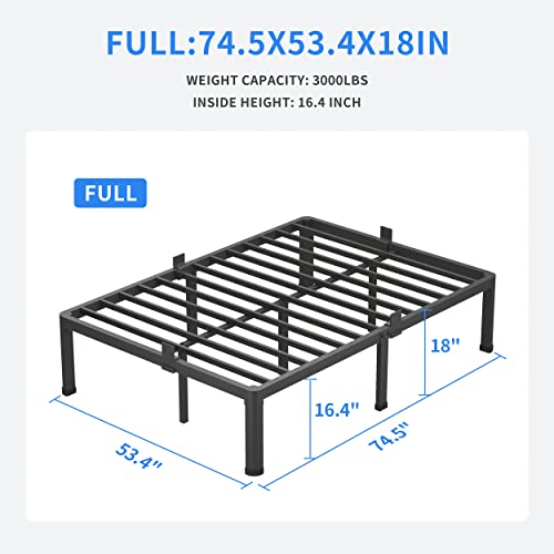MAF 18 Inch Full Size Bed Frame with Round Corner Legs Mattress Slide Stopper No Box Spring Needed Heavy Duty Metal Platform Bed Frames Under-Bed Storage Space, 3000 LBS Steel Slats Support