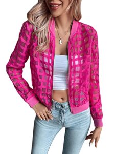 floerns women's hollow out long sleeve baseball collar zip up bomber jacket hot pink s