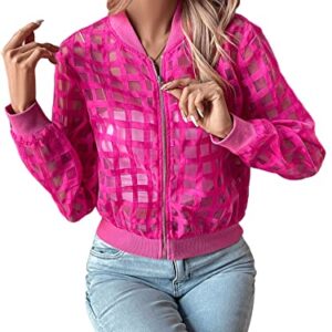 Floerns Women's Hollow Out Long Sleeve Baseball Collar Zip Up Bomber Jacket Hot Pink S