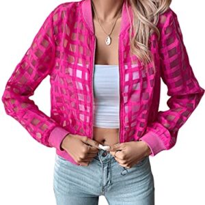 Floerns Women's Hollow Out Long Sleeve Baseball Collar Zip Up Bomber Jacket Hot Pink S