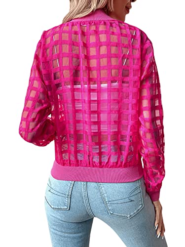 Floerns Women's Hollow Out Long Sleeve Baseball Collar Zip Up Bomber Jacket Hot Pink S