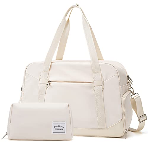 LONG VACATION Women's Travel Duffel Bag with Toiletry Bag, Sports Gym Bag Weekendeer Carry-on Tote with Shoe Compartment and Wet Pocket, School Yoga Bag Fit 15.6inch Laptop (APRICOT WHITE, 18-inch)