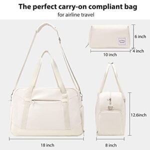 LONG VACATION Women's Travel Duffel Bag with Toiletry Bag, Sports Gym Bag Weekendeer Carry-on Tote with Shoe Compartment and Wet Pocket, School Yoga Bag Fit 15.6inch Laptop (APRICOT WHITE, 18-inch)