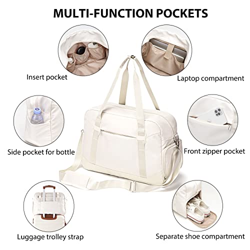 LONG VACATION Women's Travel Duffel Bag with Toiletry Bag, Sports Gym Bag Weekendeer Carry-on Tote with Shoe Compartment and Wet Pocket, School Yoga Bag Fit 15.6inch Laptop (APRICOT WHITE, 18-inch)