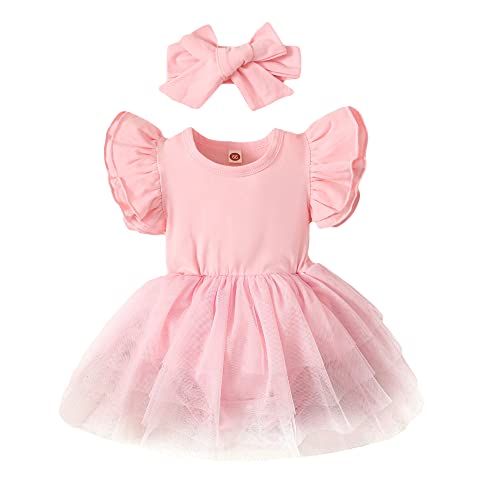 Baby Girl Clothes Infant Ruffle Sleeve Romper Dress Newborn Onesie Headband Outfit Jumpsuit Tutu Skirt Set (039C-Pink Sleeveless, 3-6 Months)