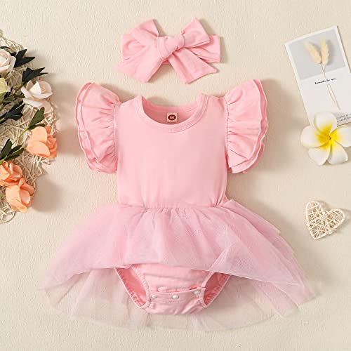 Baby Girl Clothes Infant Ruffle Sleeve Romper Dress Newborn Onesie Headband Outfit Jumpsuit Tutu Skirt Set (039C-Pink Sleeveless, 3-6 Months)