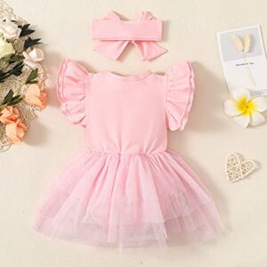 Baby Girl Clothes Infant Ruffle Sleeve Romper Dress Newborn Onesie Headband Outfit Jumpsuit Tutu Skirt Set (039C-Pink Sleeveless, 3-6 Months)