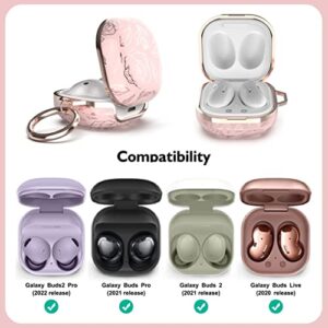 TATOFY Case for Galaxy Buds 2 Pro, Galaxy Buds 2, Galaxy Buds Pro, Galaxy Buds Live, Golden Leaf Golden Flower Hard Case with Carabiner, Support Wireless Charging, LED Visible (Pink & Golden)